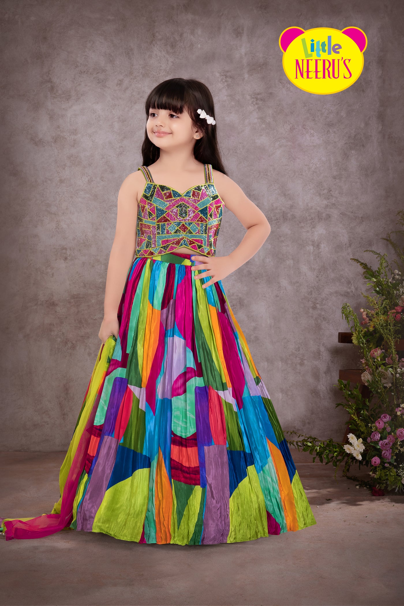 Neerus Kids Multicolor Crepe Fabric Ghagra Set (Sreeleela's Exclusive)