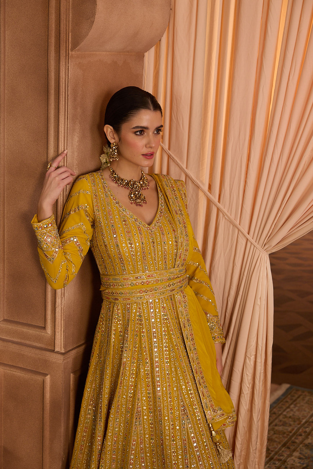 Neerus Yellow Embroidery Georgette Fabric Anarkali with Dupatta