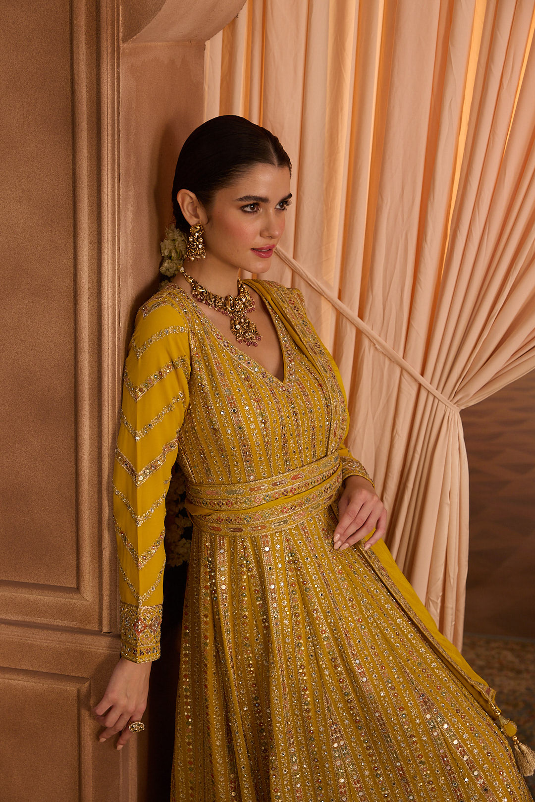 Neerus Yellow Embroidery Georgette Fabric Anarkali with Dupatta