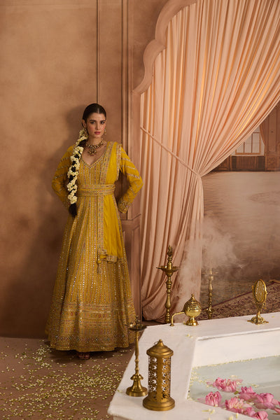 Neerus Yellow Embroidery Georgette Fabric Anarkali with Dupatta