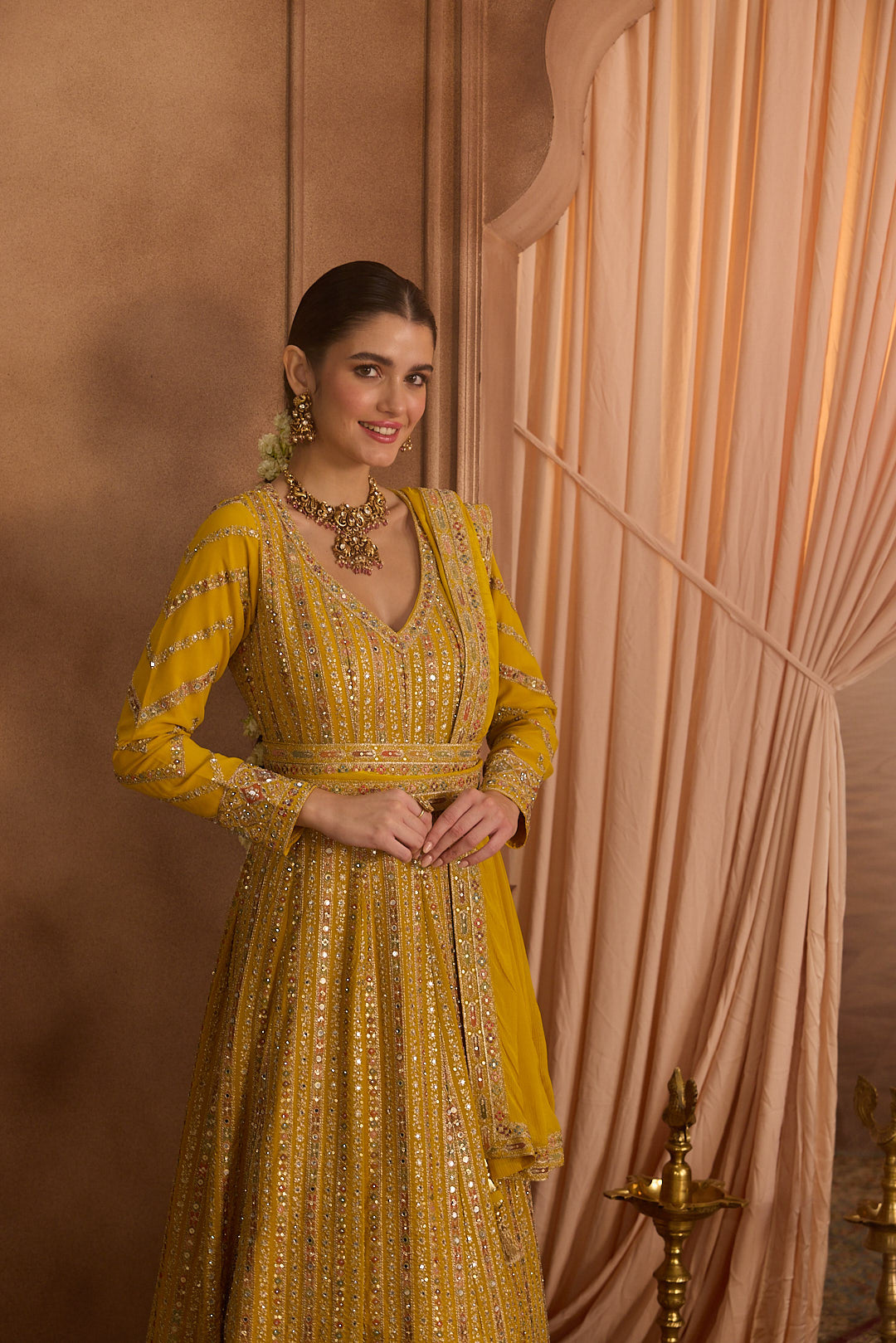 Neerus Yellow Embroidery Georgette Fabric Anarkali with Dupatta