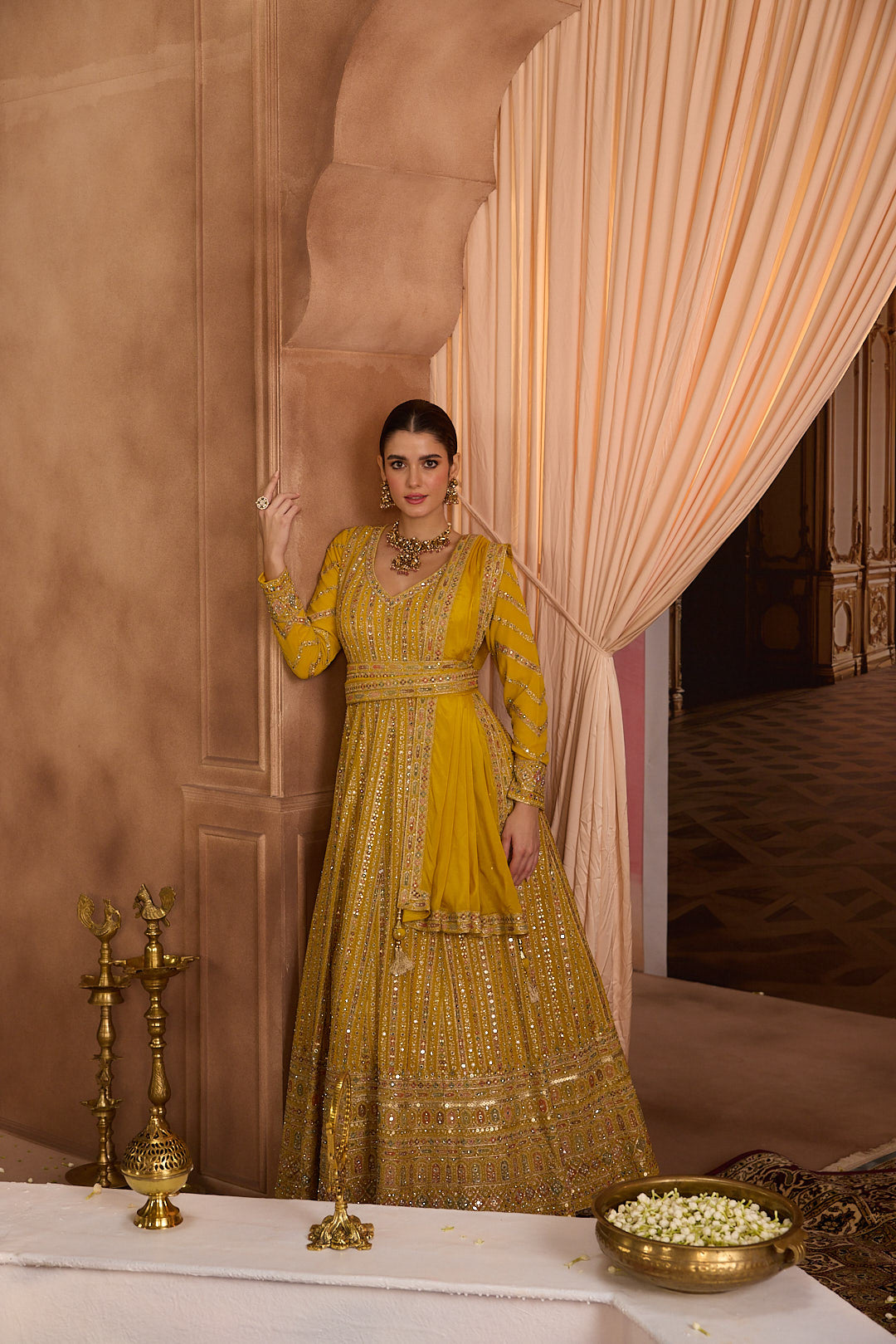 Neerus Yellow Embroidery Georgette Fabric Anarkali with Dupatta