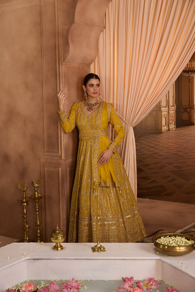 Neerus Yellow Embroidery Georgette Fabric Anarkali with Dupatta