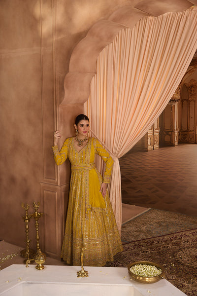 Neerus Yellow Embroidery Georgette Fabric Anarkali with Dupatta