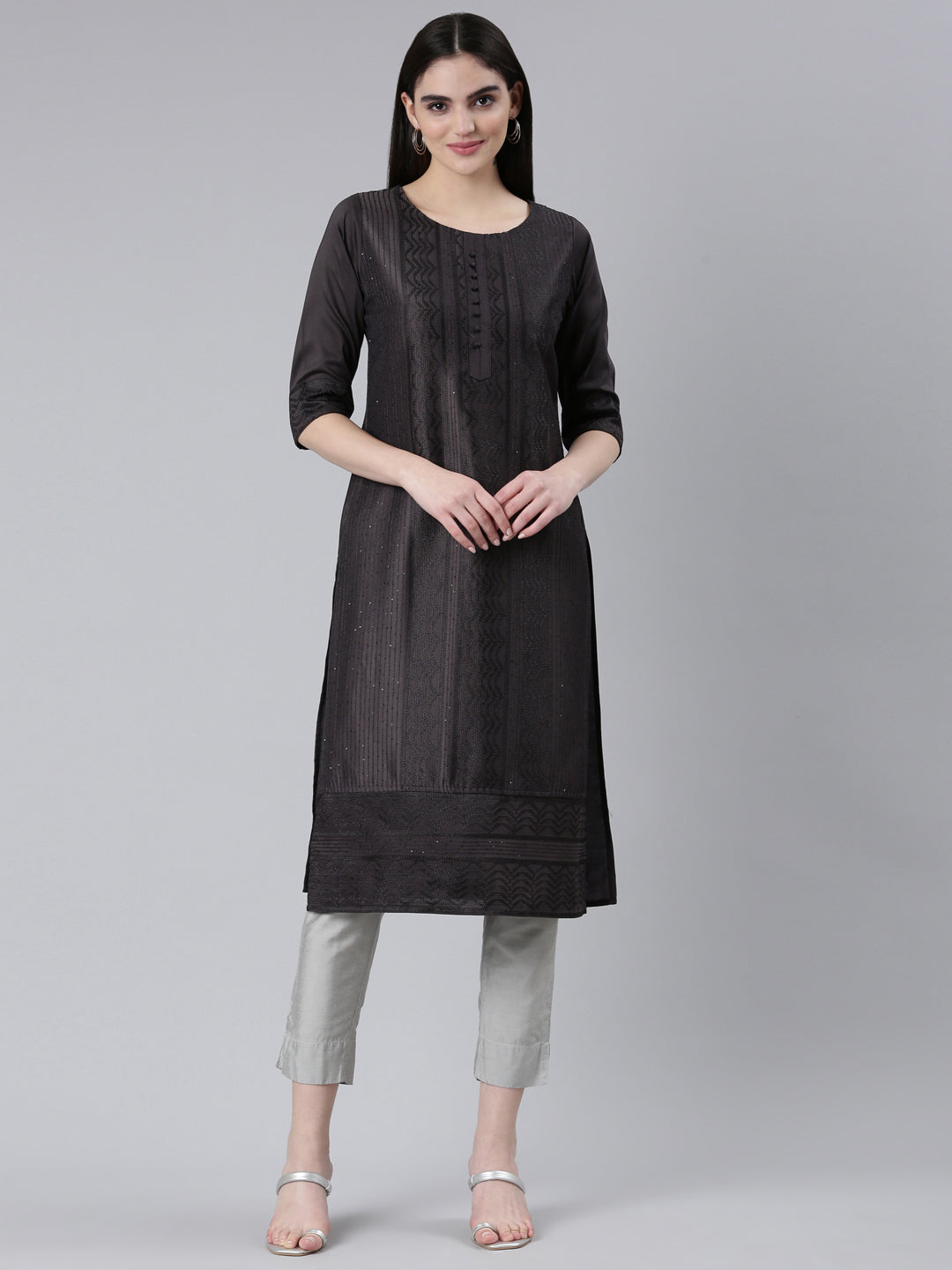 Neeru's Grey Regular Straight Woven Design Kurtas