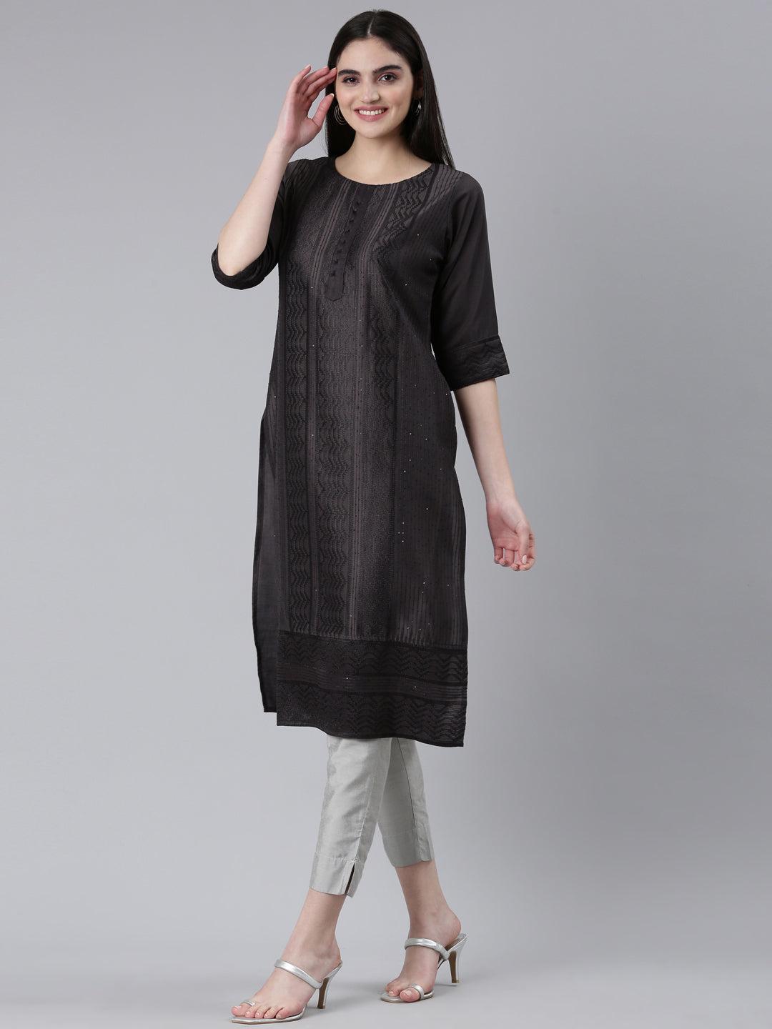 Neeru's Grey Regular Straight Woven Design Kurtas