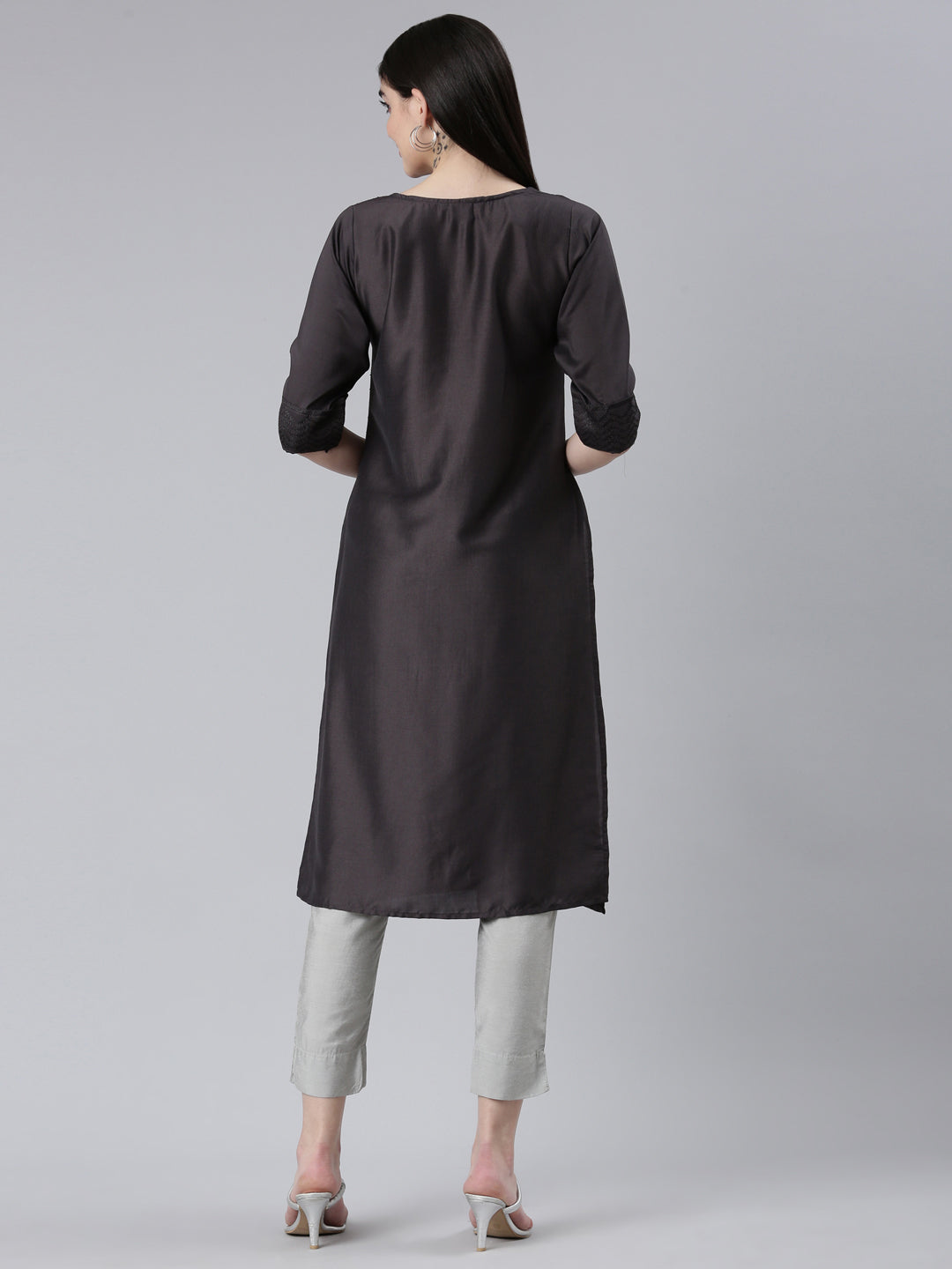 Neeru's Grey Regular Straight Woven Design Kurtas