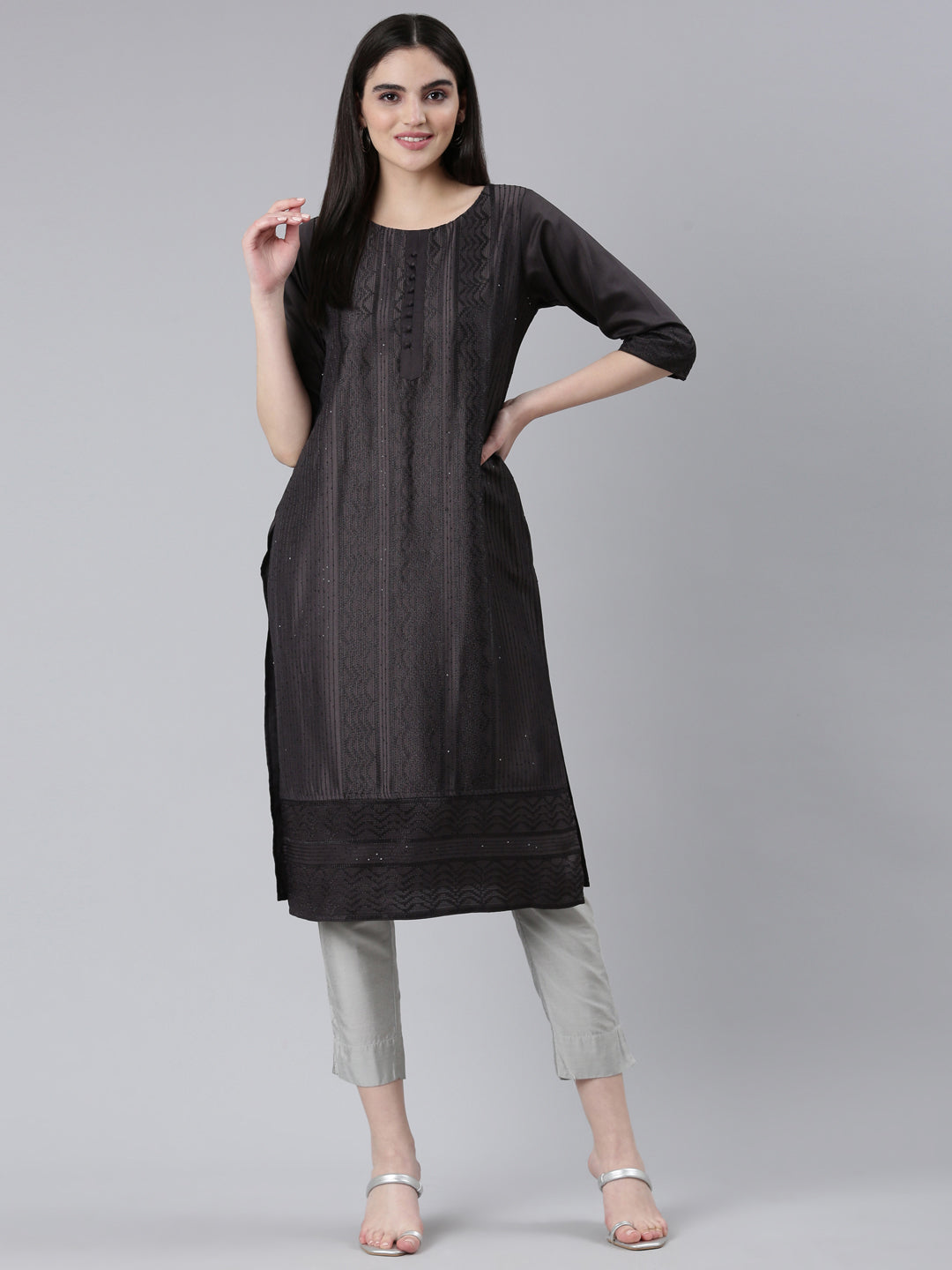 Neeru's Grey Regular Straight Woven Design Kurtas