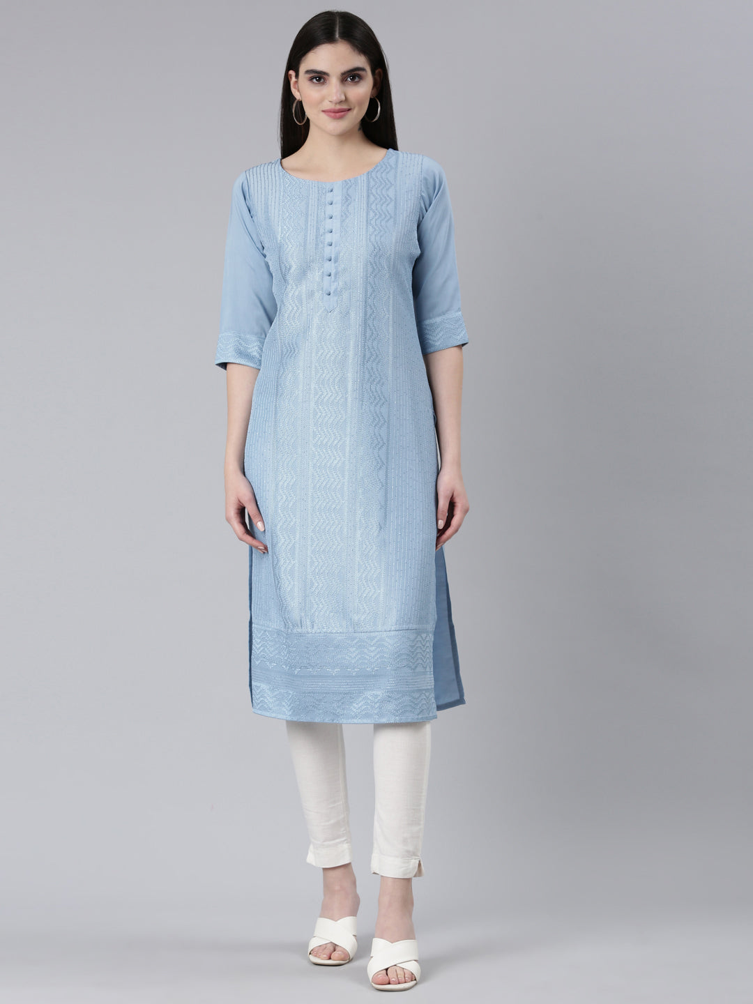 Neeru's Blue Regular Straight Woven Design Kurtas