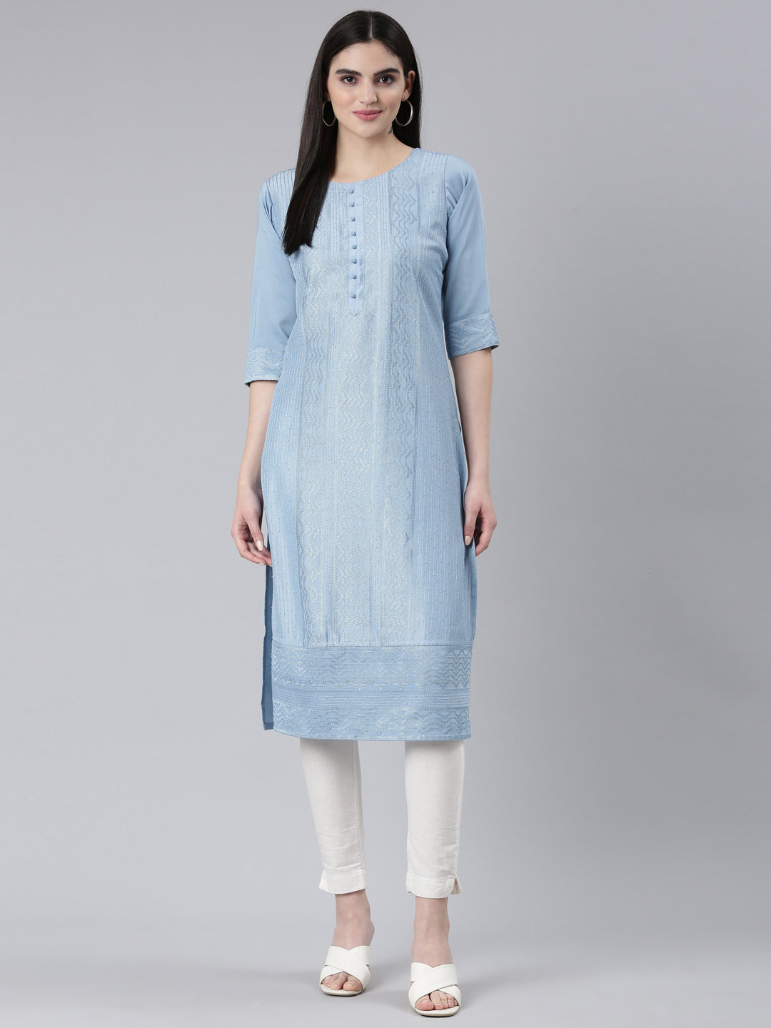 Neeru's Blue Regular Straight Woven Design Kurtas