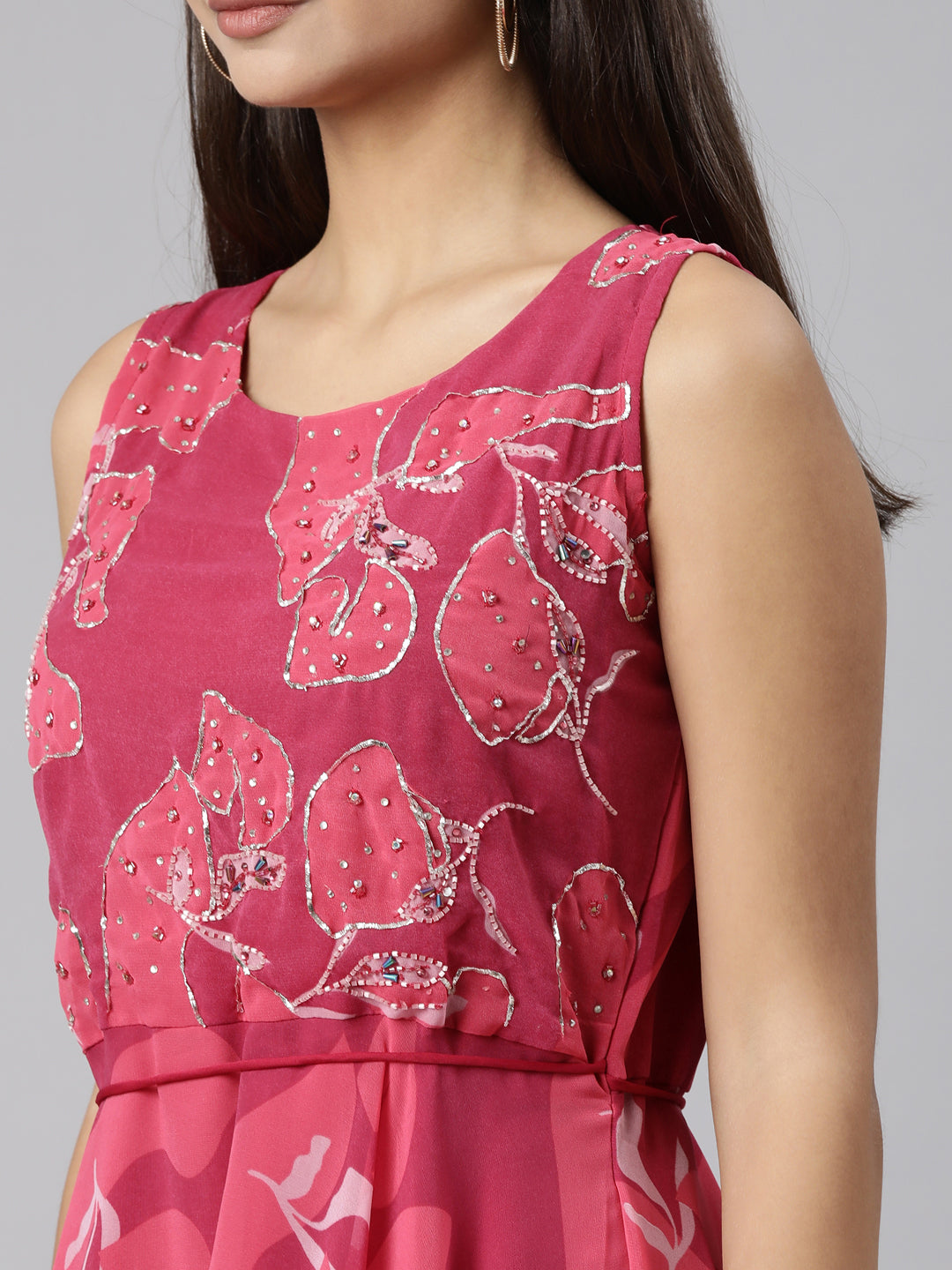 Neeru's Magenta Flared Casual Floral Dresses