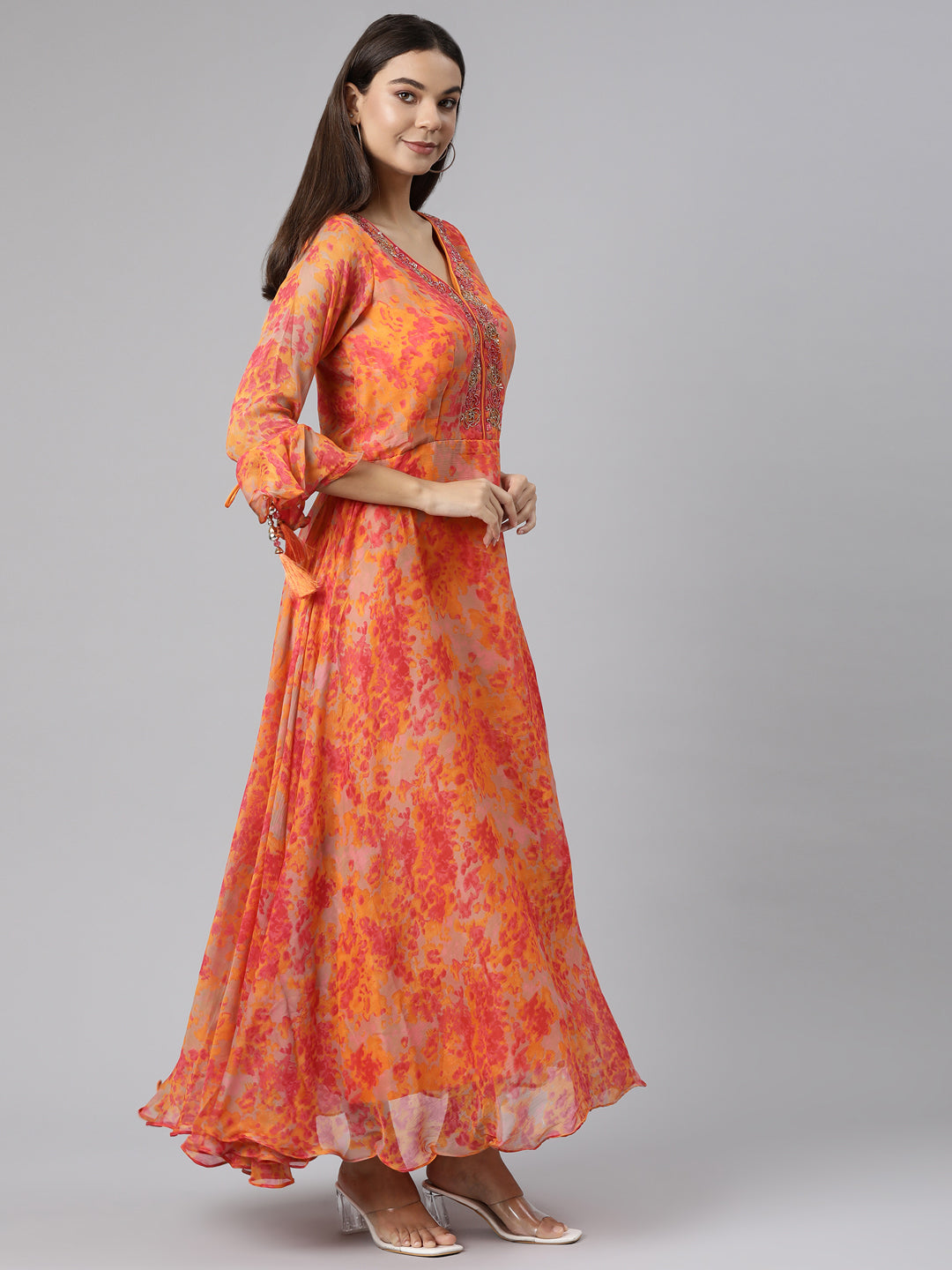 Neeru's Orange Straight Casual Floral Dresses