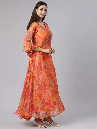 Neeru's Orange Straight Casual Floral Dresses