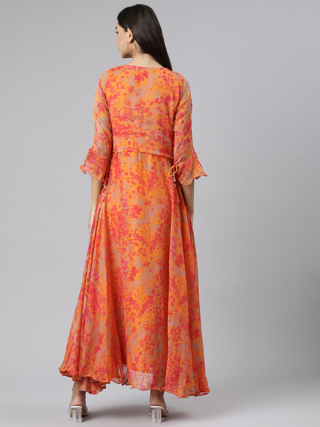 Neeru's Orange Straight Casual Floral Dresses