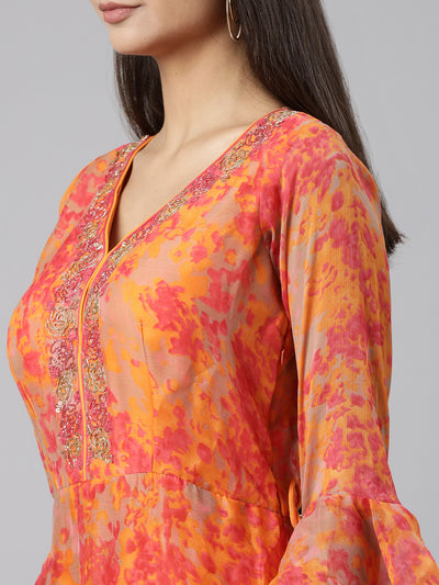 Neeru's Orange Straight Casual Floral Dresses