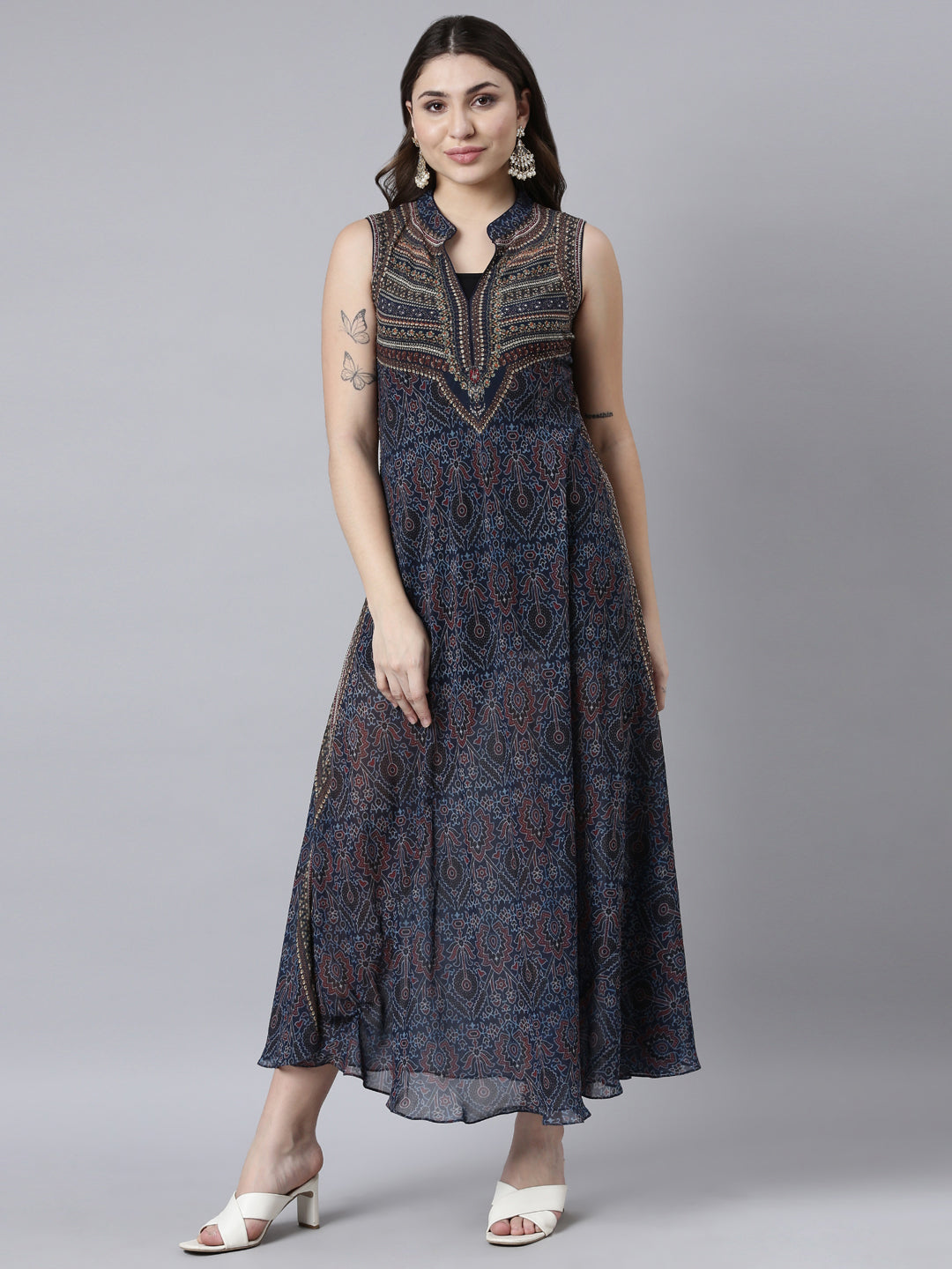 Neerus Navy Blue High-Low Casual Floral A-Line Dresses