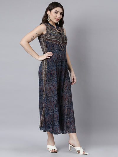 Neerus Navy Blue High-Low Casual Floral A-Line Dresses