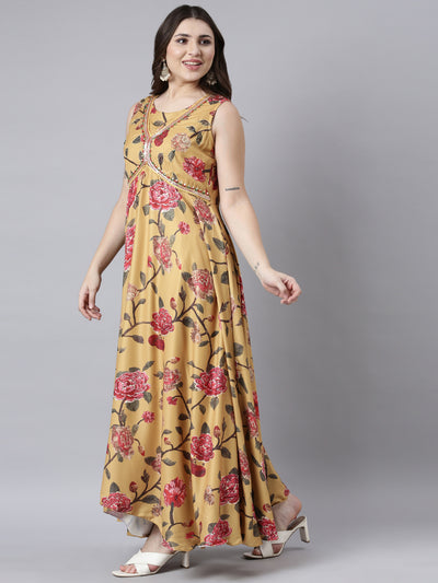 Neerus Mustard Flared Casual Floral Fit and Flare Dresses