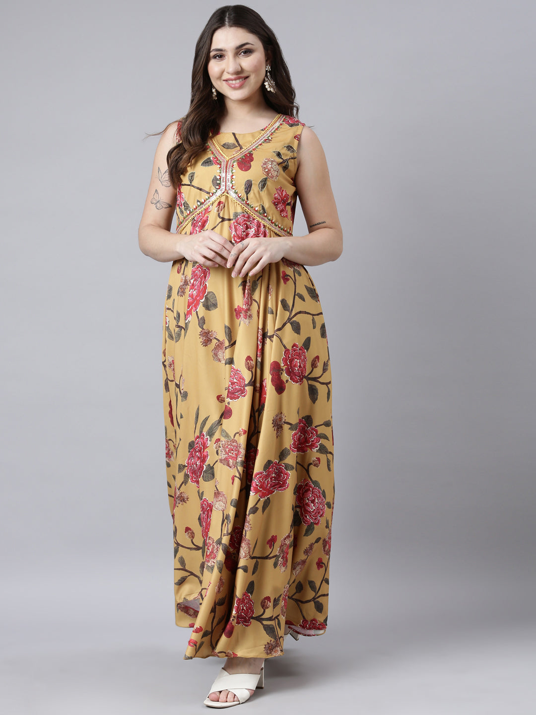 Neerus Mustard Flared Casual Floral Fit and Flare Dresses