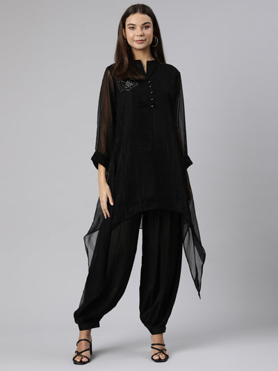 Neeru's Black Regular High-Low Solid Kurta And Salwar