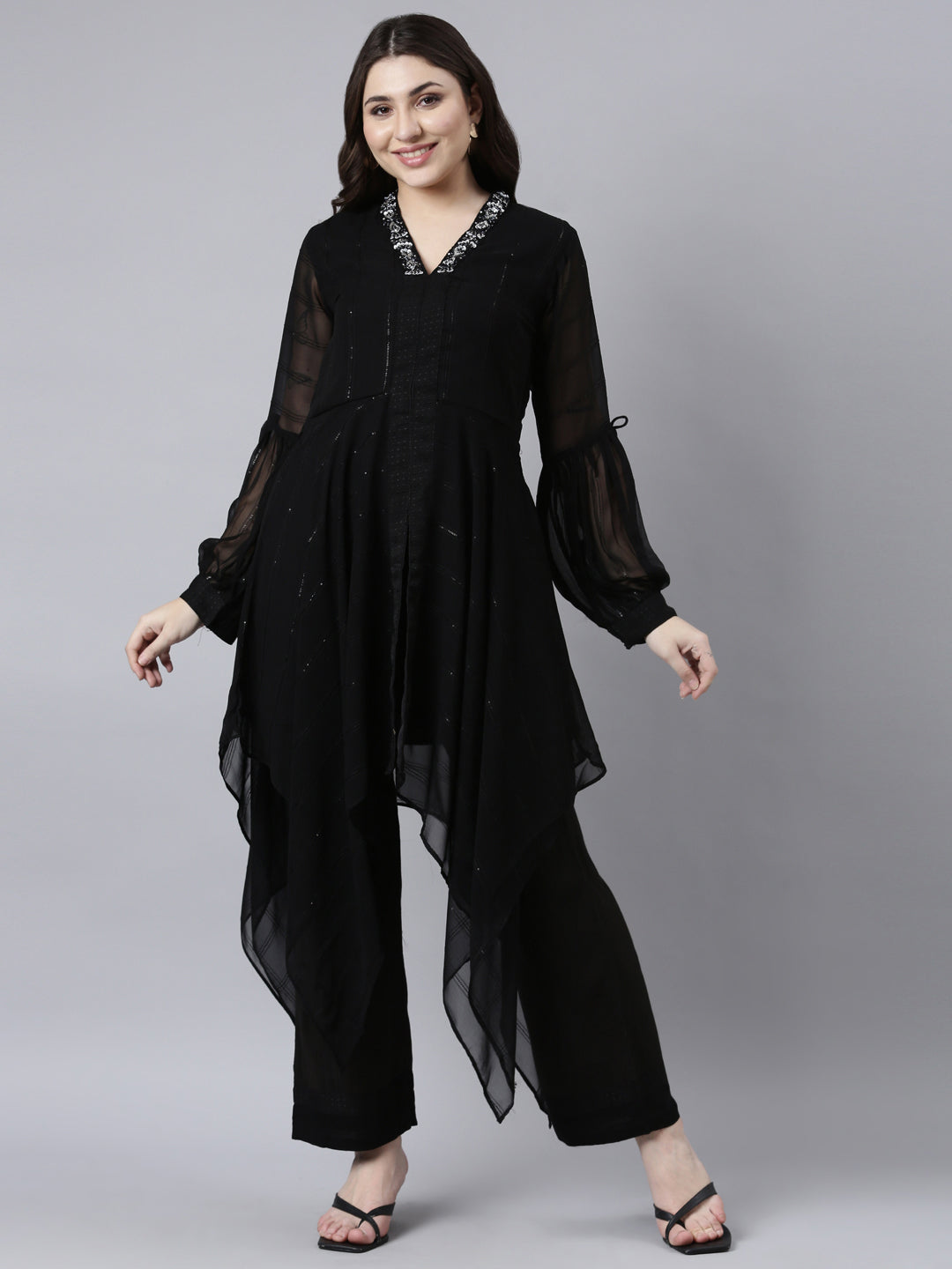 Neerus Black Regular High-Low Solid Kurta And Trousers