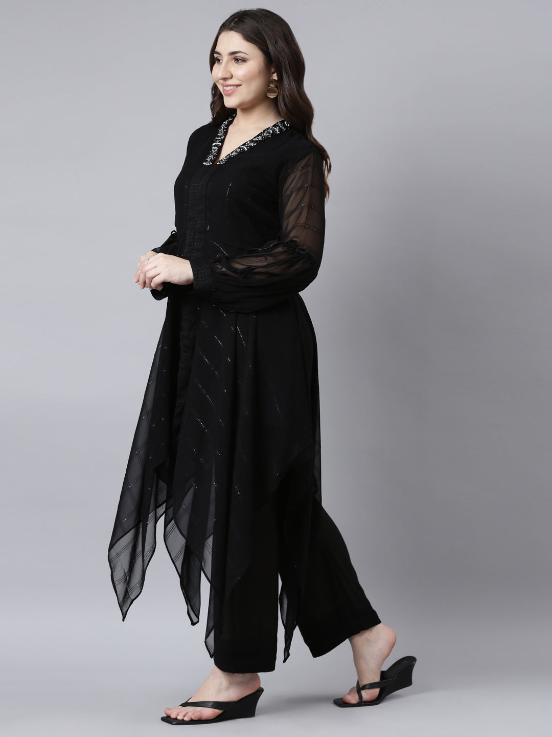 Neerus Black Regular High-Low Solid Kurta And Trousers