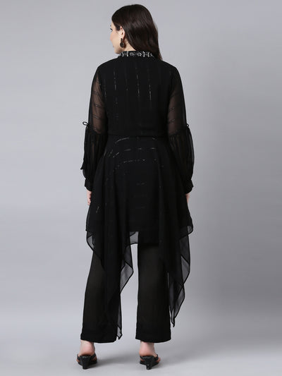 Neerus Black Regular High-Low Solid Kurta And Trousers