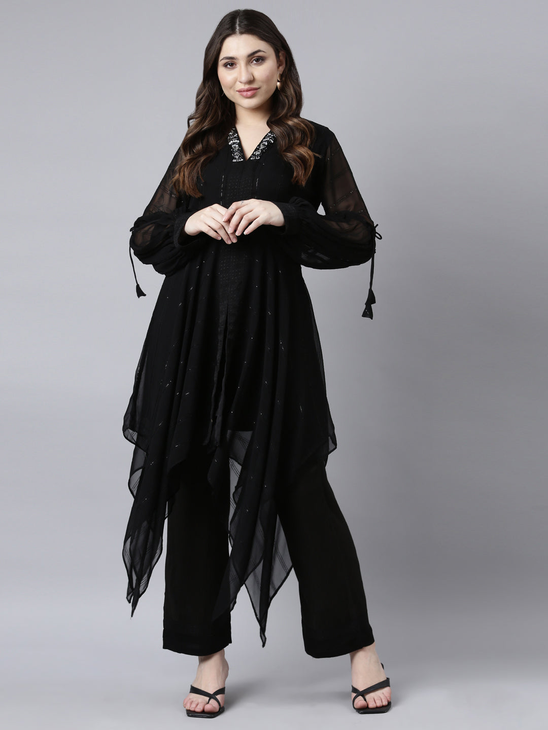 Neerus Black Regular High-Low Solid Kurta And Trousers