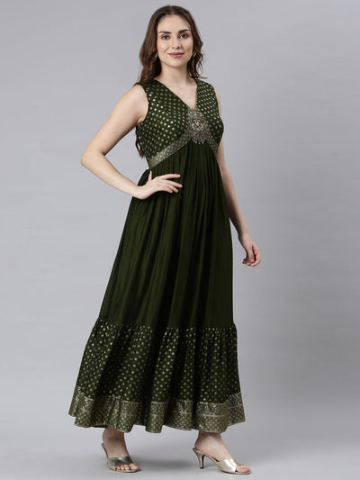 Neerus Mehadi Green Flared Casual Ethnic Motifs Maxi Dresses