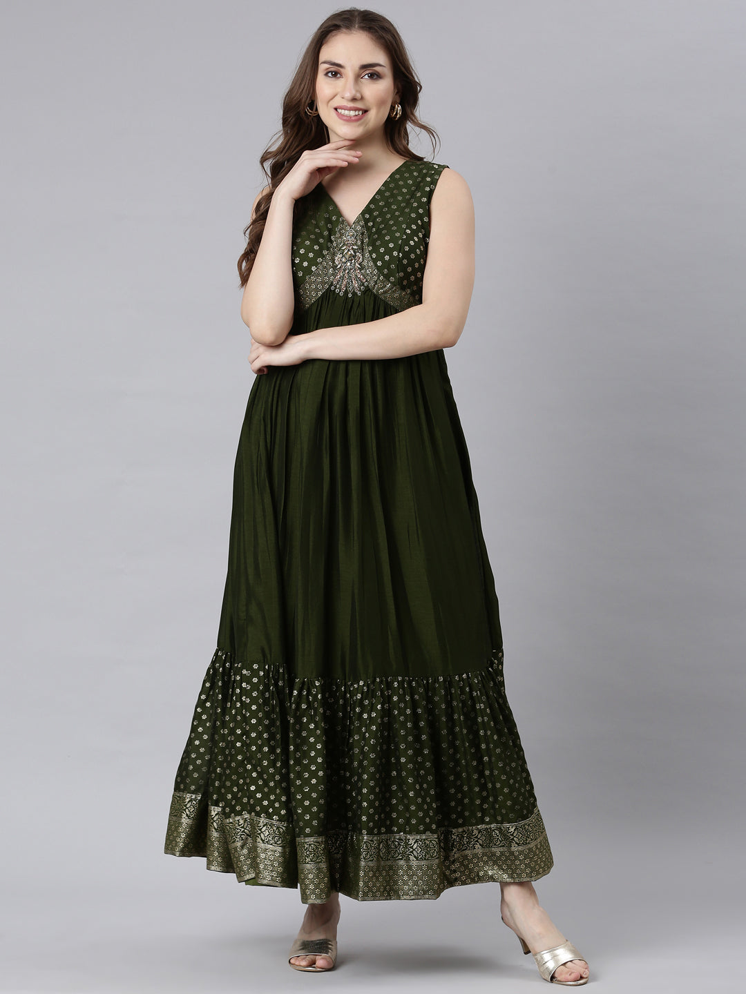 Neerus Mehadi Green Flared Casual Ethnic Motifs Maxi Dresses