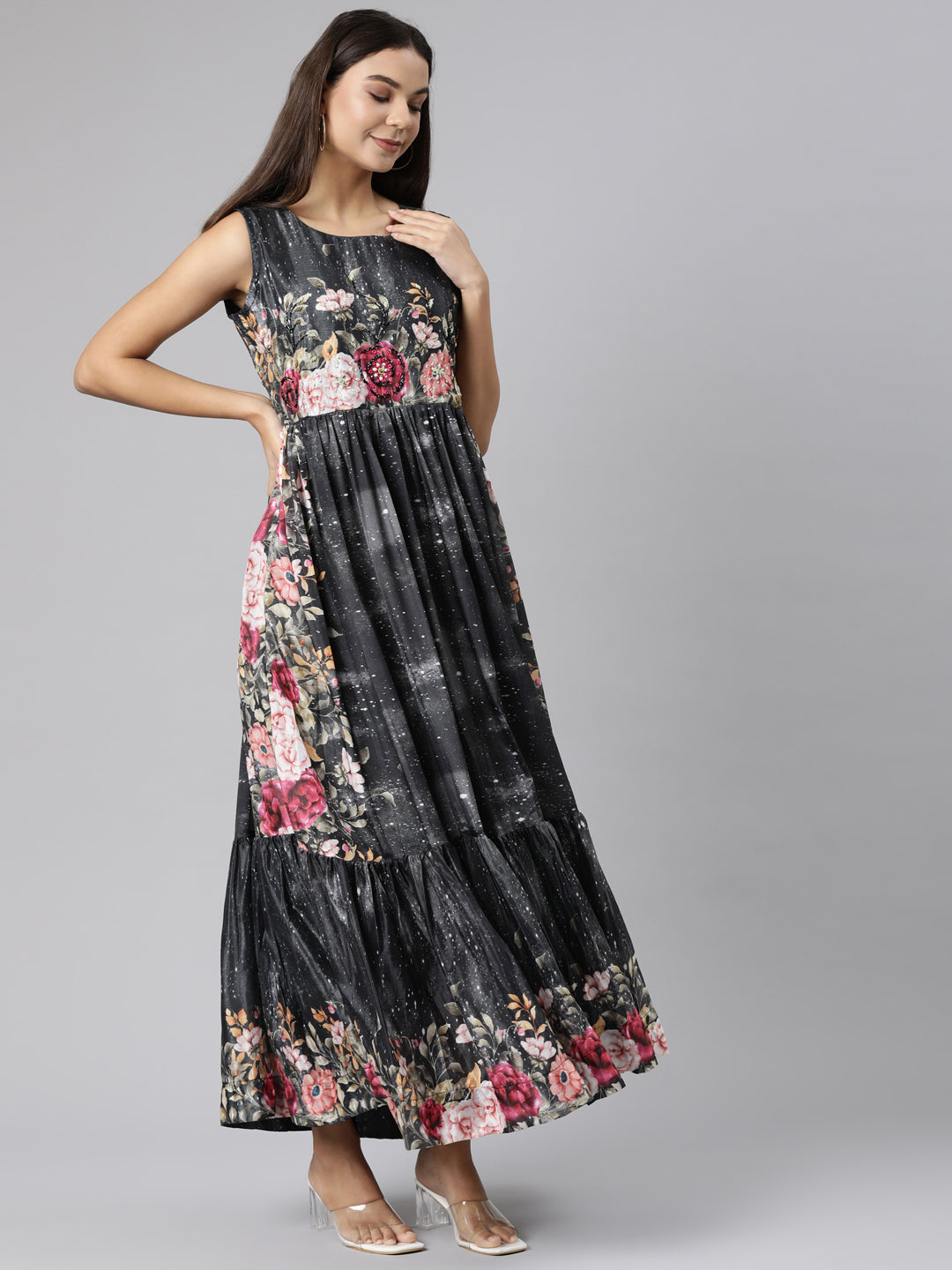 Neeru's Black Flared Casual Floral Dresses