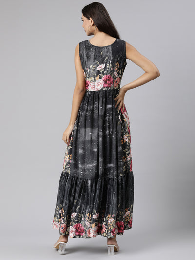 Neeru's Black Flared Casual Floral Dresses