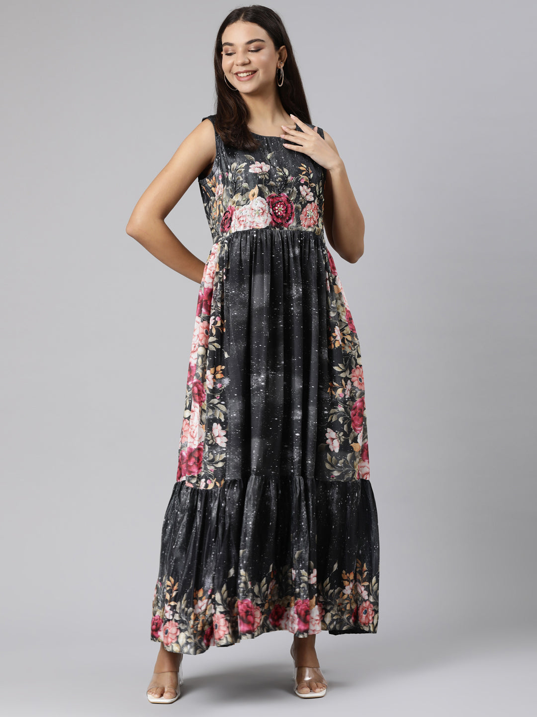 Neeru's Black Flared Casual Floral Dresses