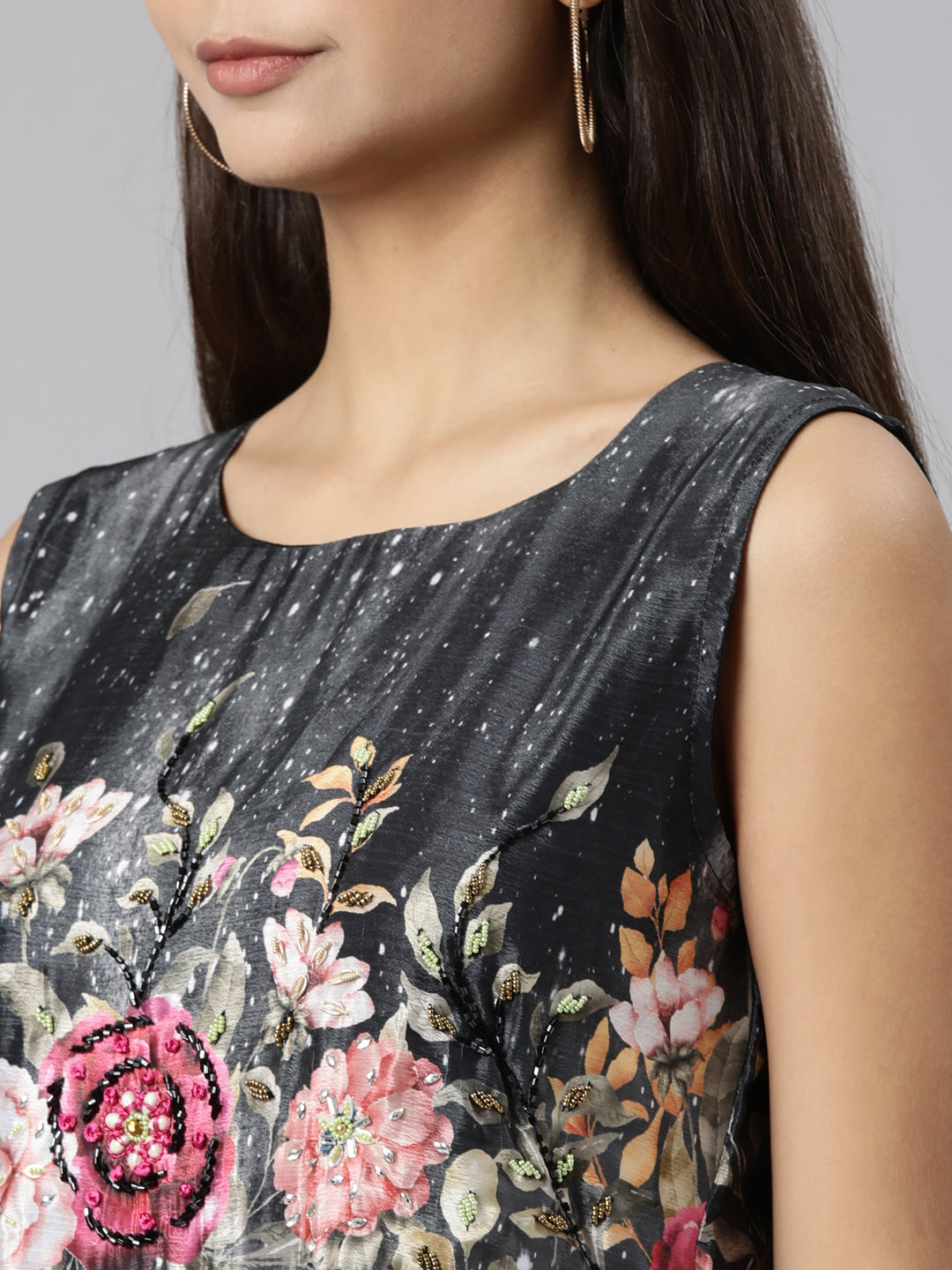 Neeru's Black Flared Casual Floral Dresses