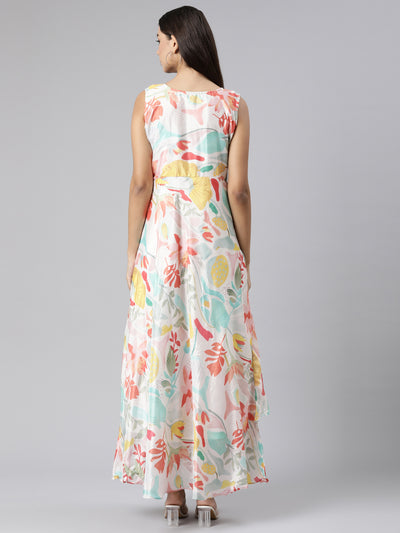 Neeru's Cream Asymmetric Casual Floral Dresses