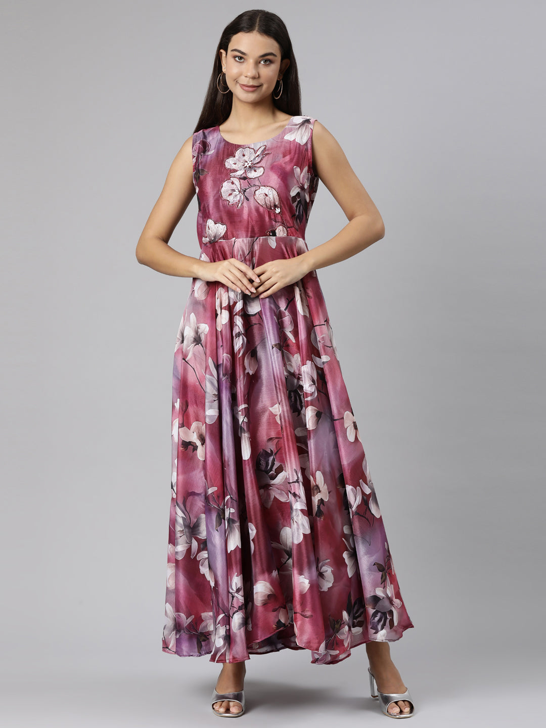 Neeru's Pink Flared Casual Floral Dresses