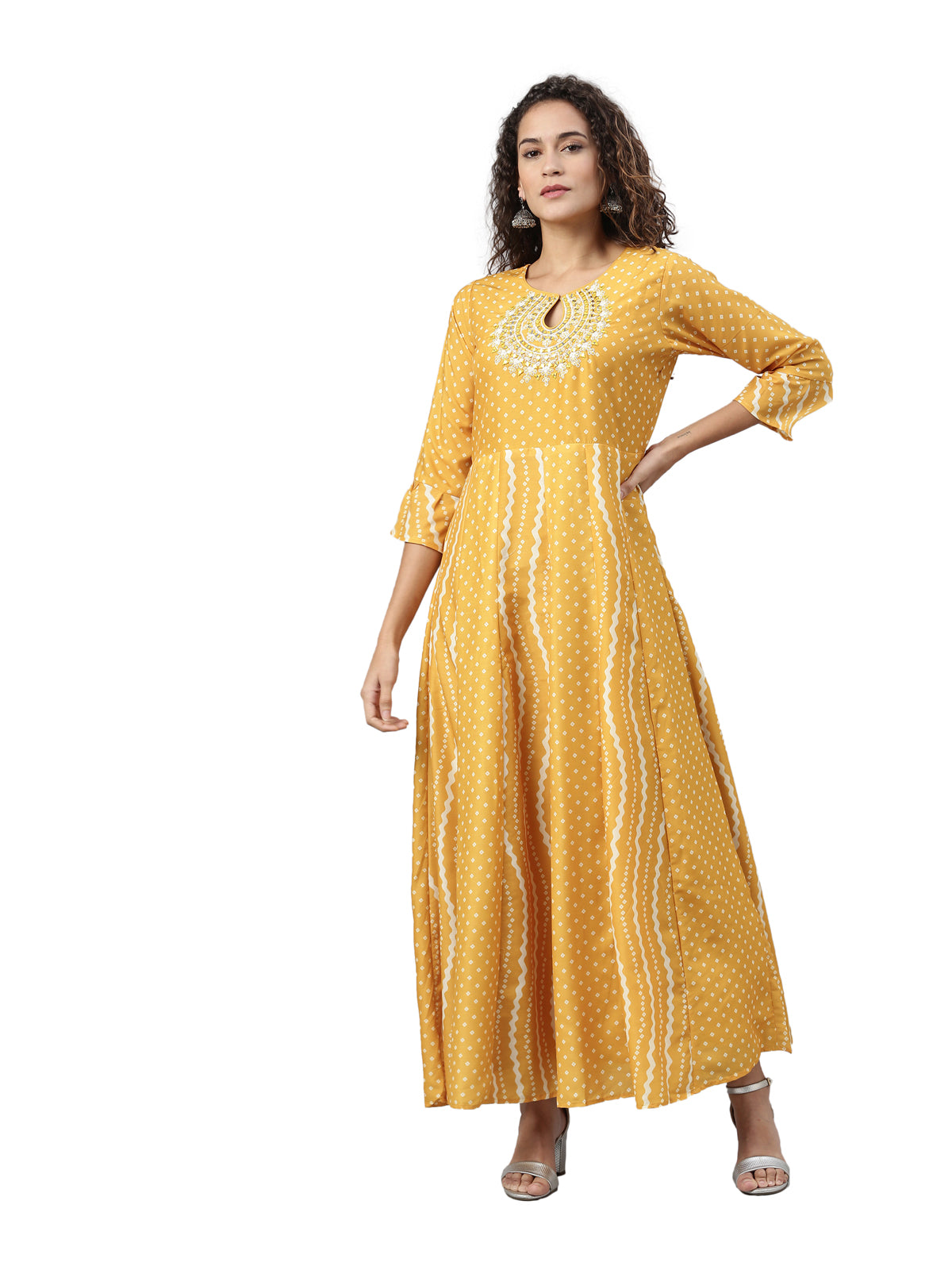 Neerus Women Mustard Striped Anarkali Kurta