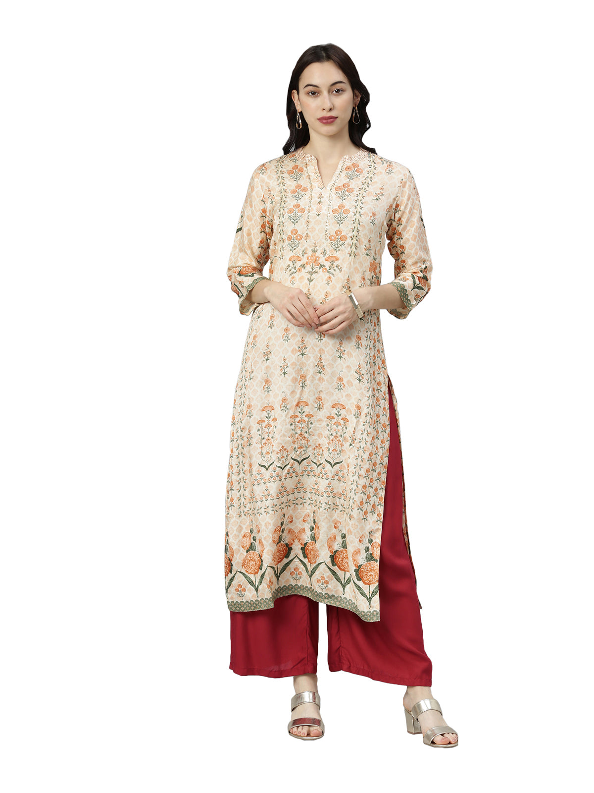 Neerus Women Beige Floral Printed Floral Kurta