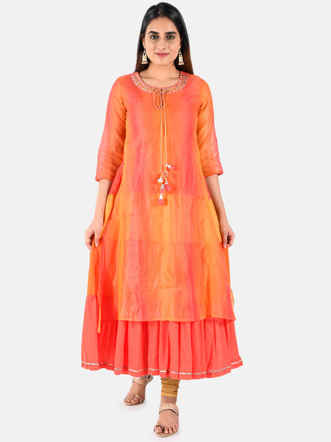 Neerus Women Orange Colour blocked A-Line Layered Kurta