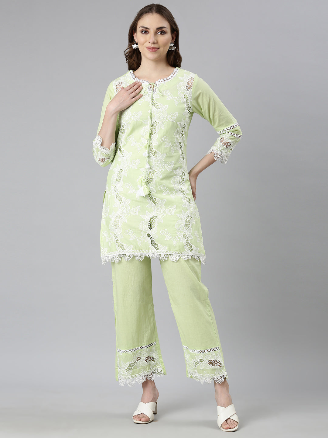 Neerus Green Regular Straight Floral Kurti And  Trousers