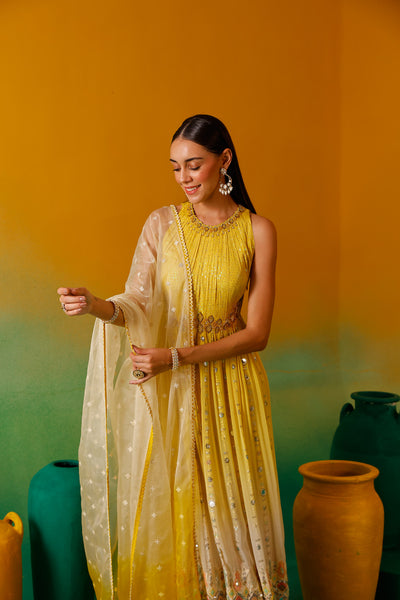 Neerus Yellow Sequence work Chinon Fabric Anarkali Set