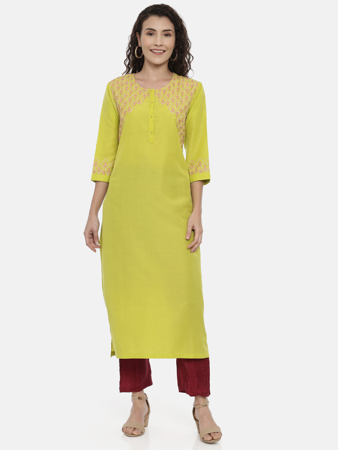 Neerus Women Yellow Yoke Design Thread Work Kurta