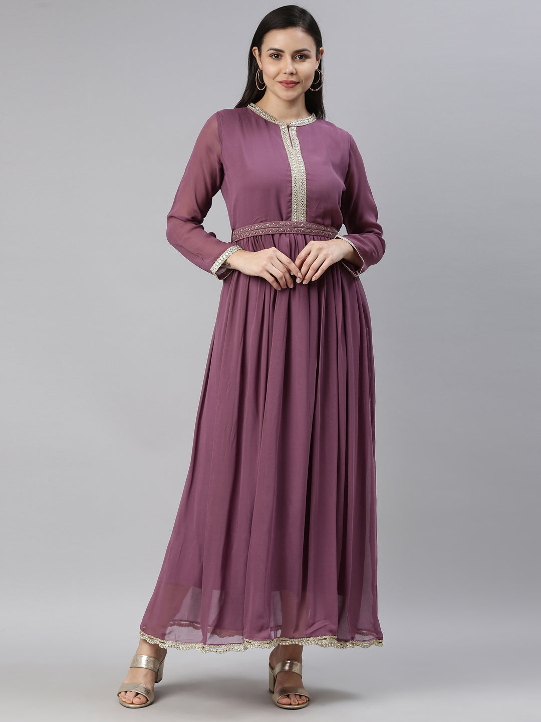 Neerus Women Lavender Thread Work Georgette Anarkali Kurta