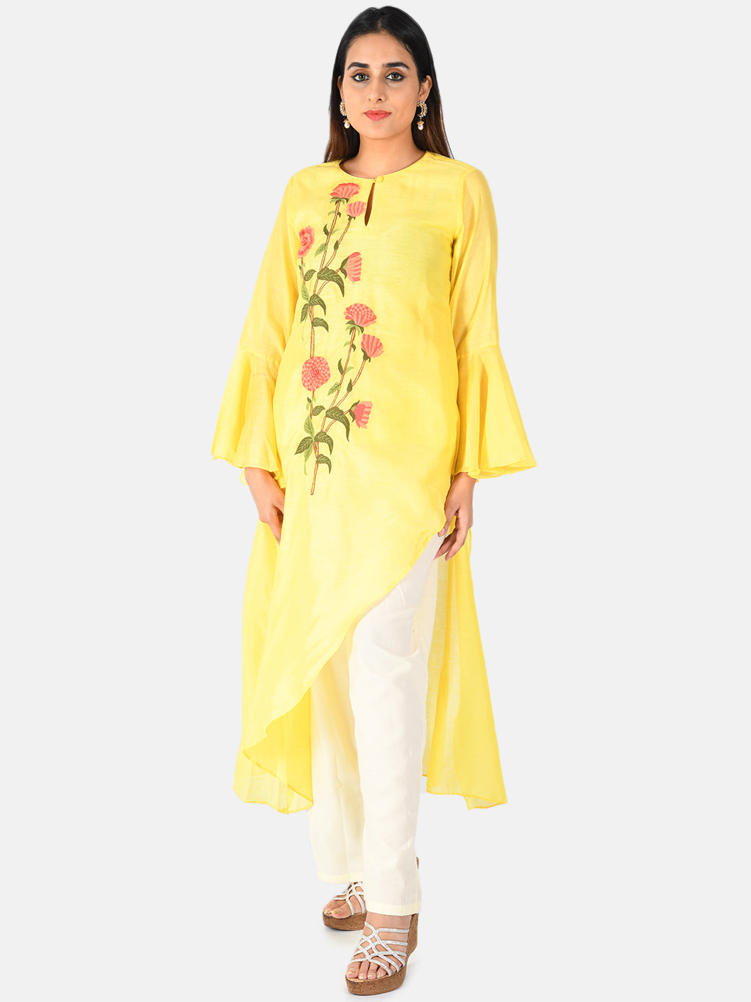 Neerus Women Yellow  White Embroidered Kurta with Palazzos