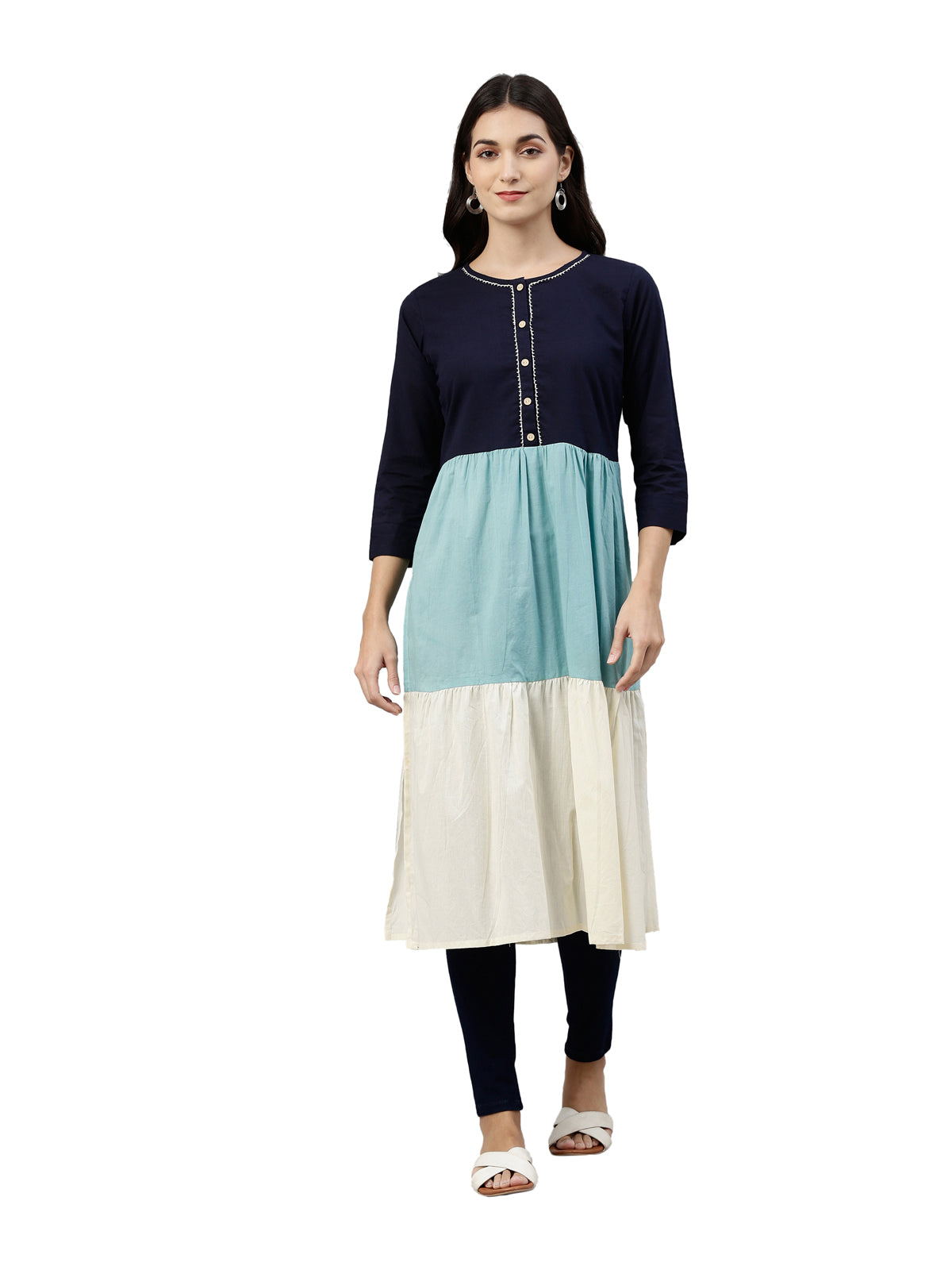 Neerus Women Navy Blue  Off White Tiered Colour blocked Kurta