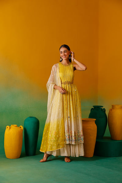 Neerus Yellow Sequence work Chinon Fabric Anarkali Set