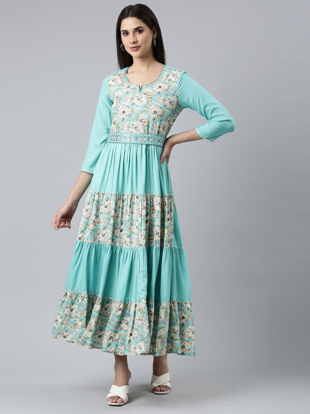 Neeru's Sea Green Straight Casual Embroidered Dress