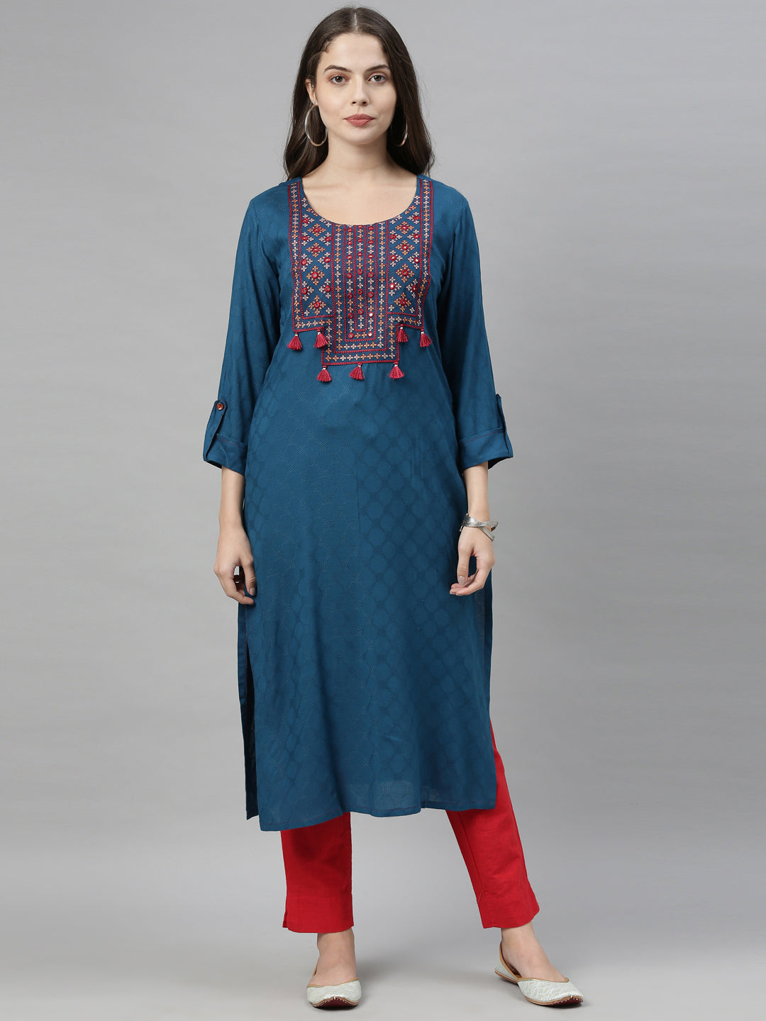 Neerus Women Blue  Red Yoke  Woven Design Thread  Mirror Work Straight Kurta