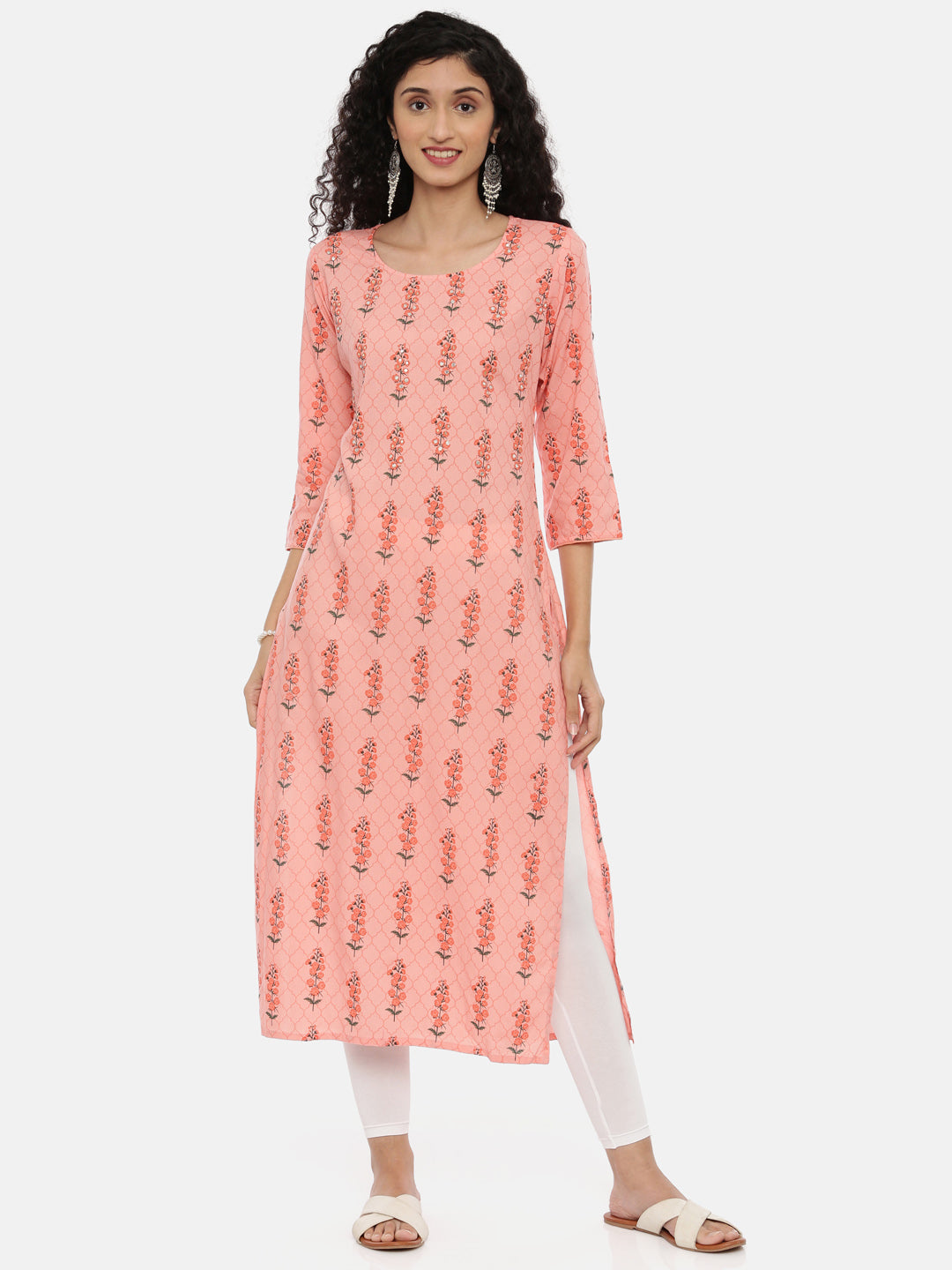 Neerus Women Coral Orange Ethnic Motifs Printed Kurta