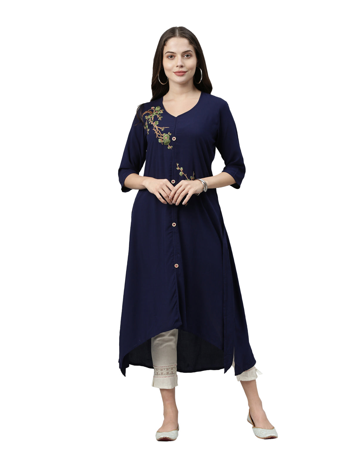 Neerus Women Navy Blue  Green Phulkari Embroidered Floral Front-Slit A-Line Kurta